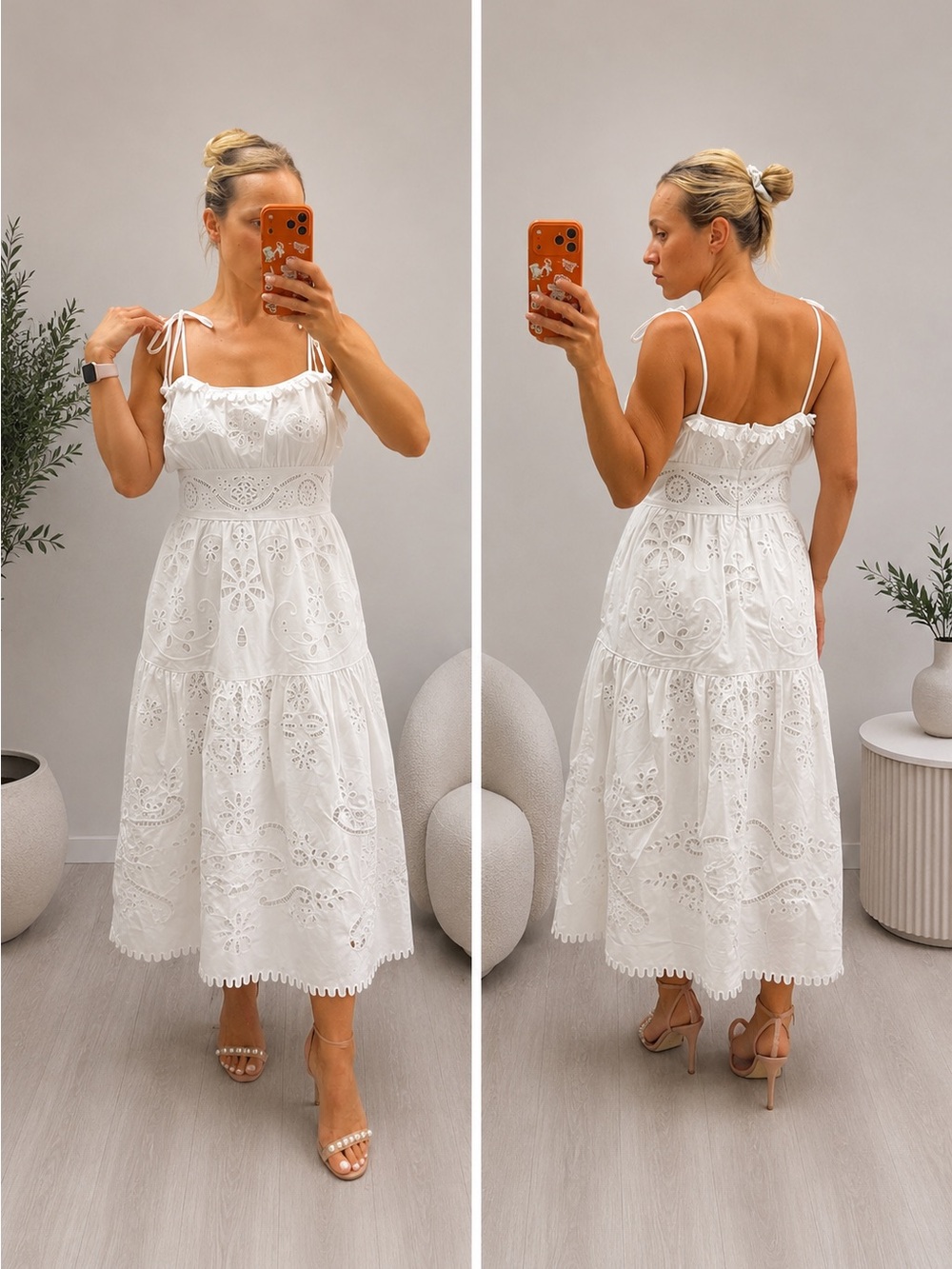 NWOT Magaschoni Eyelet White Cotton Midi Dress Size Small - Fits Medium